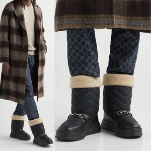 GUCCI HORSEBIT CHEVRON QUILTED Shearling Boot Black Nylon Leather US 11 $1250